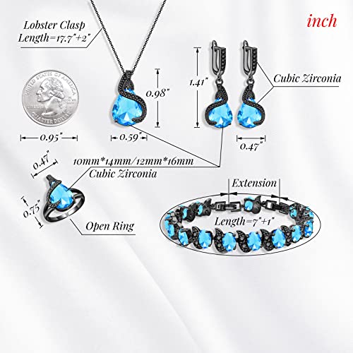 GZWHD Jewelry Set for Women Water Drop Cubic Zirconia Artificial Crystal Earrings Pendant Necklace Open Ring Tennis Bracelet Wedding Anniversary Birthday Engagement Gift for Bridesmaid Wife Girlfriend Friend - color: Black Gun-Sky Blue