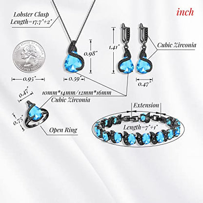 GZWHD Jewelry Set for Women Water Drop Cubic Zirconia Artificial Crystal Earrings Pendant Necklace Open Ring Tennis Bracelet Wedding Anniversary Birthday Engagement Gift for Bridesmaid Wife Girlfriend Friend - color: Black Gun-Sky Blue