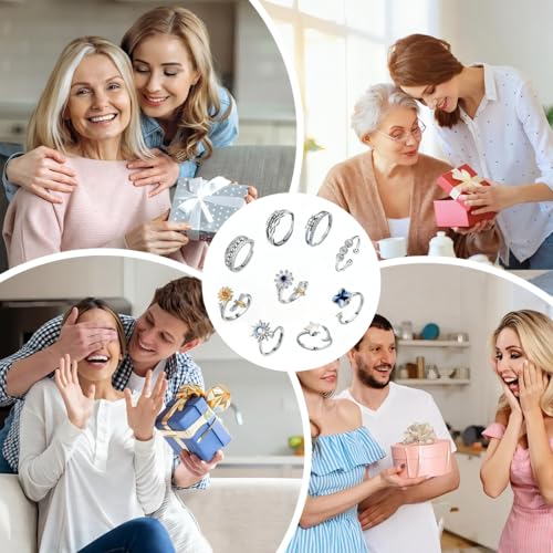 Adjustable Fidget Spinner Rings for Anxiety, 9 Pcs Silver Metal Rotatable Bands to Relieve Stress, Calming Worry Jewelry for Women Men, Durable Open Ring Set