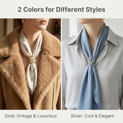 2PCS(Golden + Silver) Women Lady Girls Three Ring Fashion Scarf Ring Buckle Modern Simple Triple Slide Jewelry Silk Scarf Clasp Clips Clothing Wrap Holder