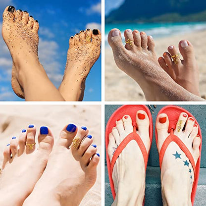 12PCS Adjustable Toe Rings for Women 14K Gold Plated | Open African Toe Rings, Summer Beach Foot Jewelry Set - color: Gold