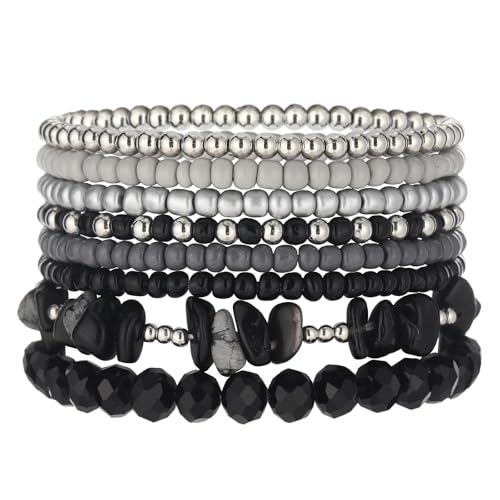 Noessla Boho Beaded Bracelets for Women Stackable Irregular Natural Stone Bead Stretch Bracelet Set 8PCS Costume Jewelry Gifts for Her - color: Black&Grey