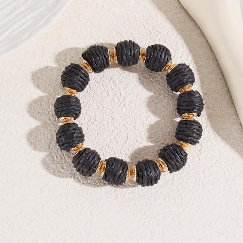 Coiris Rattan Raffia Woven Adjustable Boho Bracelet for Women | Handmade Bracelets Stretch Bracelet - color: Black