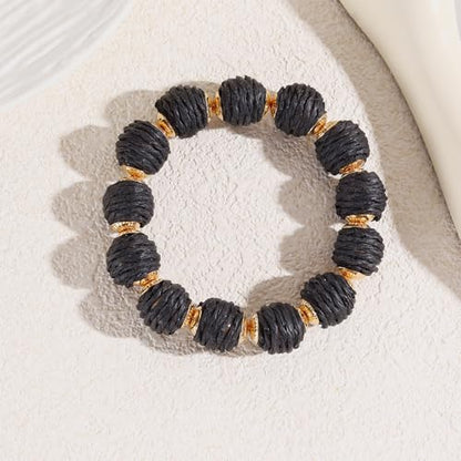 Coiris Rattan Raffia Woven Adjustable Boho Bracelet for Women | Handmade Bracelets Stretch Bracelet - color: Black