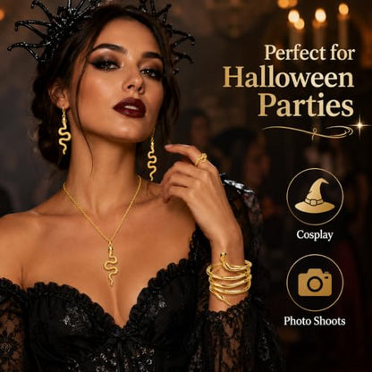 choice of all Snake Medusa Jewelry Gold Snake Necklace Earrings Bracelet Ring Set Gothic Punk Statement Jewelry Halloween Costume Accessories - color: gold