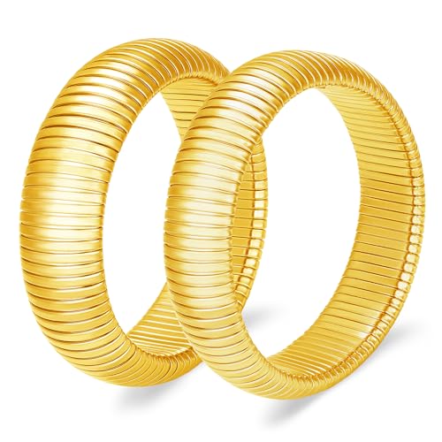 Gold Chunky Stretch Snake Chain Bangle Bracelets Stack for Women Trendy, 18K Gold Filled Stainless Steel Stretchy Womens Stackable Wristband Bangles Bracelet Set - style: GOLD 16MM&20MM