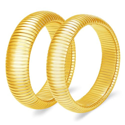 Gold Chunky Stretch Snake Chain Bangle Bracelets Stack for Women Trendy, 18K Gold Filled Stainless Steel Stretchy Womens Stackable Wristband Bangles Bracelet Set - style: GOLD 16MM&20MM