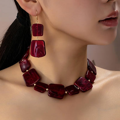 Retro Square Resin Beaded Jewelry Set Bohemia Vintage Adjustable Geometric Acrylic Beaded Choker Necklaces Dangle Earrings for Women Boho Trendy Wedding Party Statement Jewelry Gifts - style: StyleA