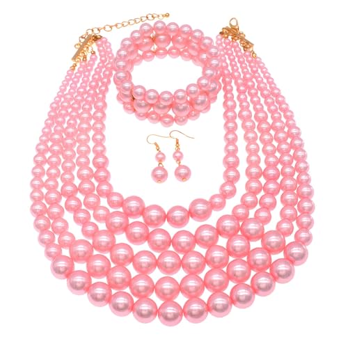 Faux Big Pearl Srand Necklaces for Women 5 Layers Pearls Choker Bib Collar Necklace Bracelet and Earrings set 1920s Costume Pearl Jewelry Bridal Wedding - color: pink