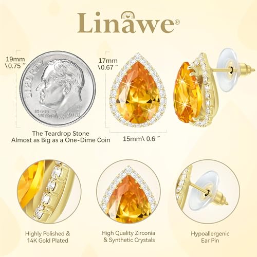Linawe Women Stud Earrings, Teardrop Diamond Moissanite Cubic Zirconia Earrings Studs Rhinestone Jewelry Gold/Silver/Rose Gold - color: Gold,Nov