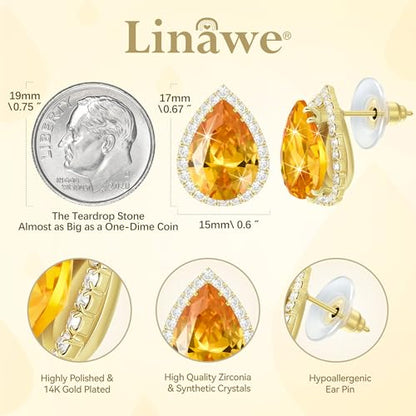 Linawe Women Stud Earrings, Teardrop Diamond Moissanite Cubic Zirconia Earrings Studs Rhinestone Jewelry Gold/Silver/Rose Gold - color: Gold,Nov