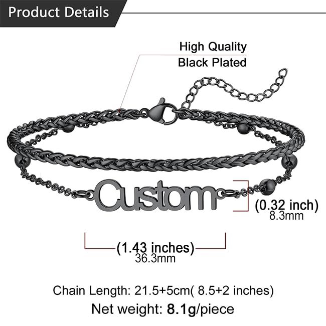 U7 Custom Layered Ankle Bracelets for Women Stainless Steel Bead/Cuban/Figaro/Rope/Wheat Chain Anklet Waterproof Anklet Jewelry for Beach Vacation - color: c-Black-Wheat Chain