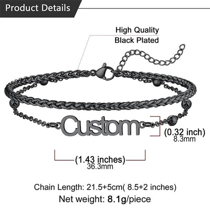 U7 Custom Layered Ankle Bracelets for Women Stainless Steel Bead/Cuban/Figaro/Rope/Wheat Chain Anklet Waterproof Anklet Jewelry for Beach Vacation - color: c-Black-Wheat Chain