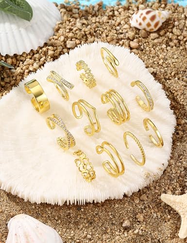 12Pcs Toe Rings for Women - 14K Gold Filled Toe Ring Non Tarnish Adjustable Simple Hug CZ Thin Band Toe Rings Summer Beach Foot Jewelry for Women - style: B-Gold
