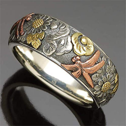 925 Sterling Silver Spinner Ring Meditation Ring Band Wide Hammered Worry Band - color: Dragonfly Flower