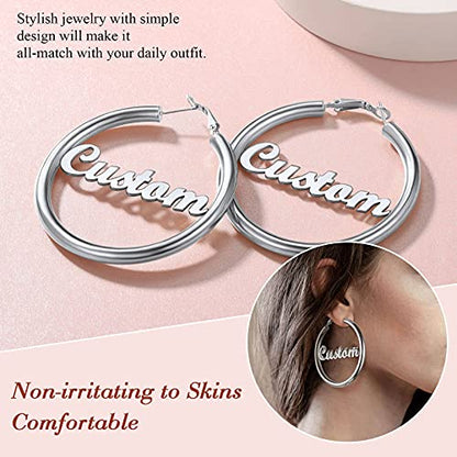FindChic Hoop Earrings for Women, Silver/Black/14K Gold Plated Hypoallergenic Hollow Round Tube Loop Earrings, 20mm/30mm/40mm/60mm/80mm Chunky Hoops with Custom Name Options & Gift Box - color: e.Silver (Custom Name), size: 60MM