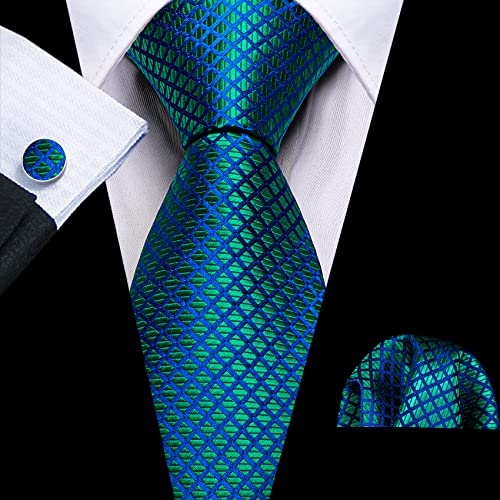 YOHOWA Men Plaid/Striped Ties Clip Set Silk Necktie Pocket Square Cufflinks | Woven Classic,Formal/Casual Mens Tie,Pocket Square Cufflinks Set,Luxury,Business,Wedding,Party,Prom,Graduation - color: A Teal