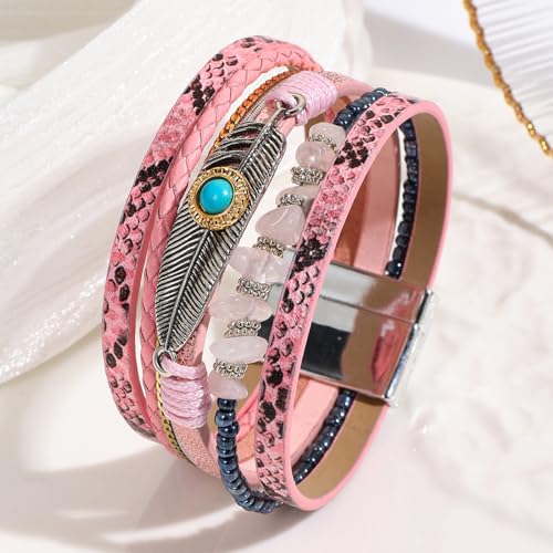 Long tiantian Boho Western Bracelets for Women Leather Wrap Bracelets Turquoise Bracelet Western Jewelry Country Concert Outfits - color: A2:pink