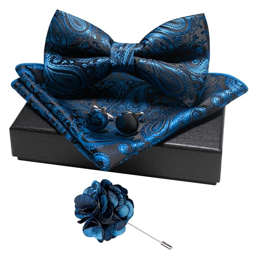 JEMYGINS Mens Paisley Bow Tie and Lapel Pin Necktie Pocket Square and Tie Clip with Sets for Business Casual 4PCS - color: Teal Blue
