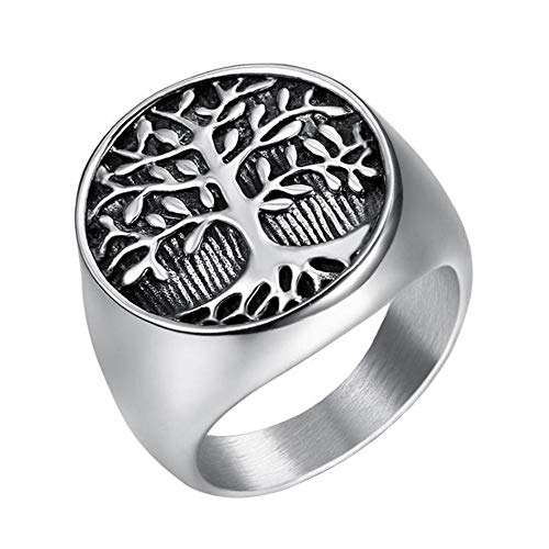 Men's Stainless Steel Vintage Gold Plated Tree of Life Ring Signet Biker Band Round Top - color: Silver