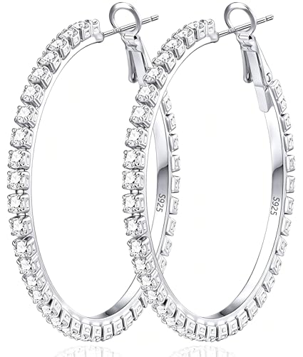 3mm 925 Sterling Silver Big Cubic Zirconia Hoop Earrings for Women Large Rhinestone Hoop Earrings 14K Gold Plated Hypoallergenic Lightweight 30mm/40mm/50mm/60mm - color: Silver-40mm