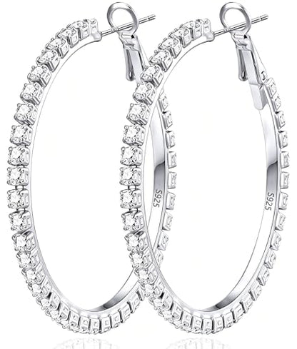 3mm 925 Sterling Silver Big Cubic Zirconia Hoop Earrings for Women Large Rhinestone Hoop Earrings 14K Gold Plated Hypoallergenic Lightweight 30mm/40mm/50mm/60mm - color: Silver-40mm