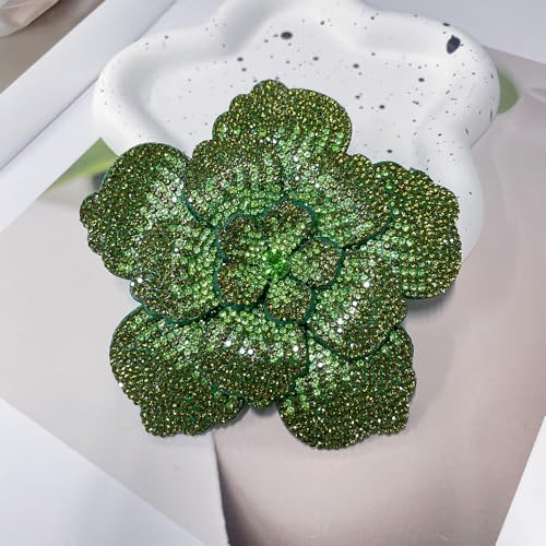 Rhinestone Flower Brooch Pin for Women Men Elegant Sparkly Crystal Camellia Floral Lapel Pins Shawl Dress Suit Clothes Accessories Wedding Party Fashion Jewelry 105mm - color: Olive Green