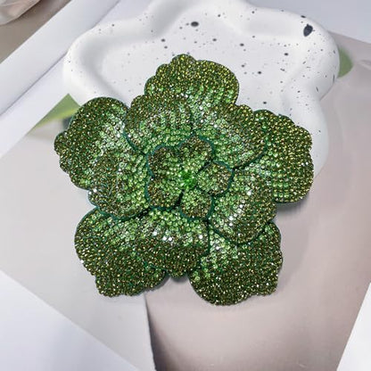 Rhinestone Flower Brooch Pin for Women Men Elegant Sparkly Crystal Camellia Floral Lapel Pins Shawl Dress Suit Clothes Accessories Wedding Party Fashion Jewelry 105mm - color: Olive Green
