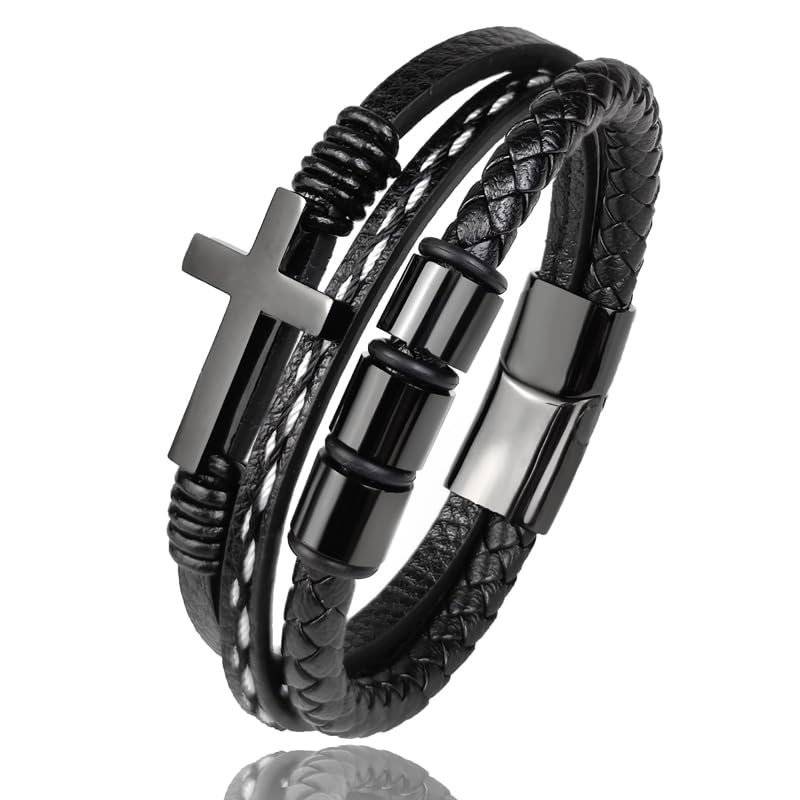 Multi-Layer Braided Leather Bracelets Mens Cross Leather Bracelet Wristband Religious Leather Bracelets Men Customized Gifts for Dad Husband Boyfriend Son - color: black, size: 8.07