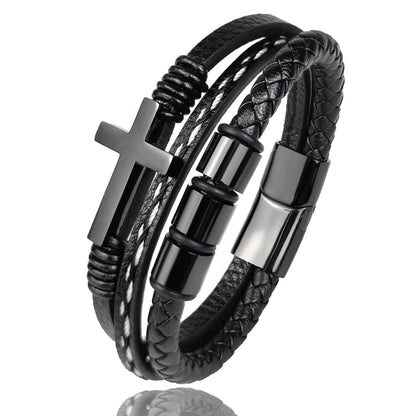Multi-Layer Braided Leather Bracelets Mens Cross Leather Bracelet Wristband Religious Leather Bracelets Men Customized Gifts for Dad Husband Boyfriend Son - color: black, size: 8.66