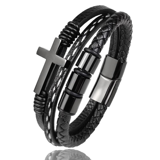 Multi-Layer Braided Leather Bracelets Mens Cross Leather Bracelet Wristband Religious Leather Bracelets Men Customized Gifts for Dad Husband Boyfriend Son - color: black, size: 8.66