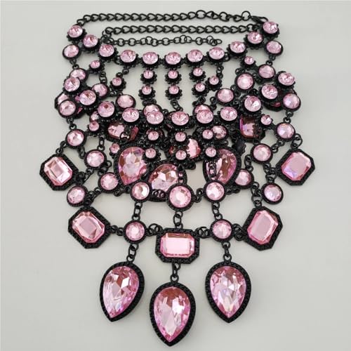 925 Sterling Silver Bib Jewelry Sets For Women - ZA Indian Ethnic Round Water Drop Crystal Tassel Necklace Earrings Jewelry Sets Statement Large, Chunky Rhinestone Necklace - color: Pink - Bib Necklace