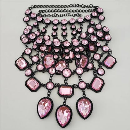 925 Sterling Silver Bib Jewelry Sets For Women - ZA Indian Ethnic Round Water Drop Crystal Tassel Necklace Earrings Jewelry Sets Statement Large, Chunky Rhinestone Necklace - color: Pink - Bib Necklace