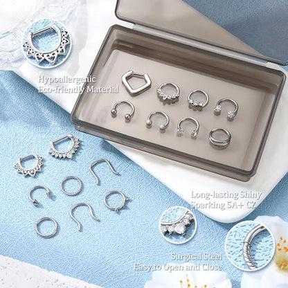 Besteel Hypoallergenic Septum Rings 16G 8mm Surgical Steel Clicker Nose Rings Hoops Set Small Lip Cartilage Helix Daith Piercing Jewelry for Women Men 16 Pcs Gold Silver Black - color: Silver