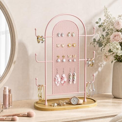 bussdis Jewelry Holder Organizer Earring Display - Earring Storage Tree Stands Towers With 6 Hooks 300 Studs Wood Tray Pink Metal Rack - color: Pink