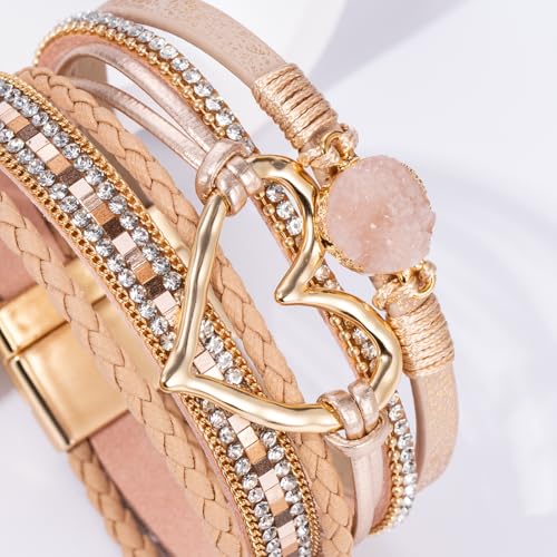 Boho Leather Wrap Bracelets Beaded Stackable Cuff Bracelet Country Concert Outfits Cowboy Cowgirl Western Jewelry Gifts for Women - color: Heart-Rose Gold