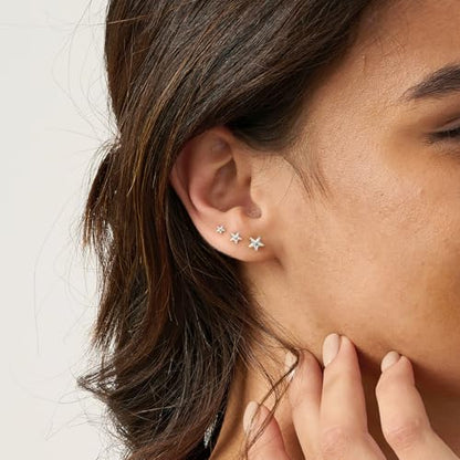 3 Pair Tiny Flat Back Earrings for Women - 14K Gold/White Gold Plated Dainty Cute Small Screw Flatback Stud Earring, Everyday Wear Gift - color: Star Flat-4/5/6mm Silver