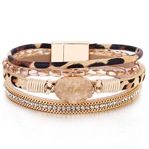 Boho Chunky Leather Wrap Bracelets Stackable Beaded Western Country Jewelry | Crystal Bead Trendy Layered Cuff Magnetic Clasp Stack Bohemian Statement Costume Outfits Cowgirl Fashion Hippie Accessories - color: Leopard, size: 7.7"