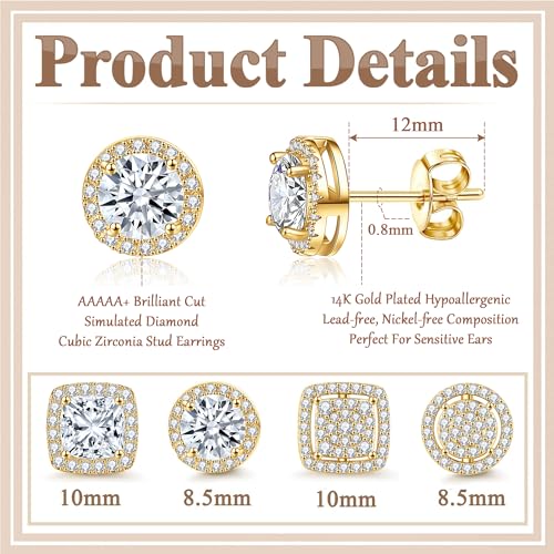 Cubic Zirconia Stud Earrings for Women Men 14K Gold-Plated Halo Stud Earrings Hypoallergenic Earrings CZ Halo Stud Earrings for Sensitive Ears - style: A-GOLDEN