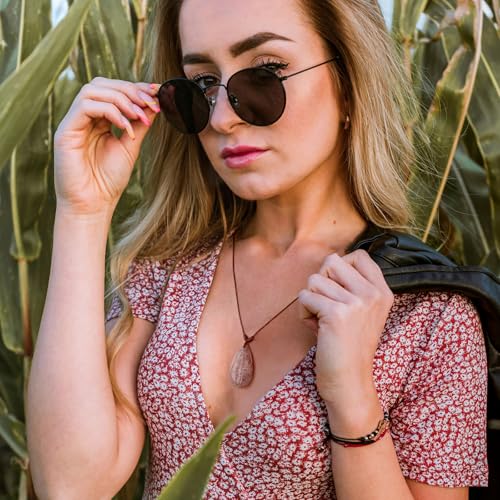 Mexican Agate Necklace, Natural Agat Teardrop Gemstone Pendant Necklace for Women, Adjustable Leather Cord Necklace 14-26 Inch