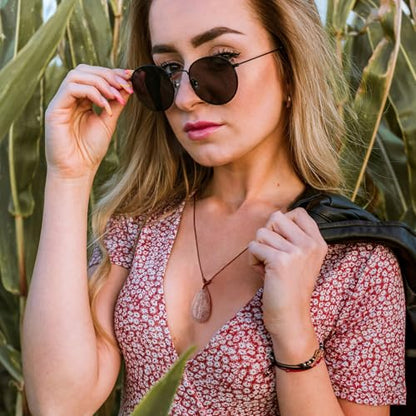 Mexican Agate Necklace, Natural Agat Teardrop Gemstone Pendant Necklace for Women, Adjustable Leather Cord Necklace 14-26 Inch