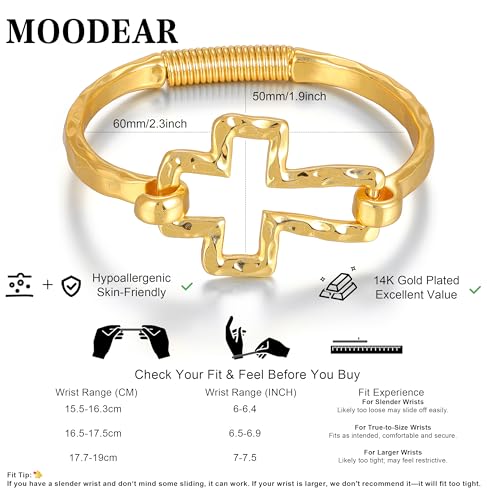 Moodear Chunky Gold Bangle Bracelets for Women, 14K Gold Plated/Silver Cuff | Chunky Statement Jewelry with Hammered Texture, Non Tarnish Gold Plated Finish, Unique Cuff Design, Lightweight Comfort - style: Cross Bangle Gold 18.5cm （≈7IN）