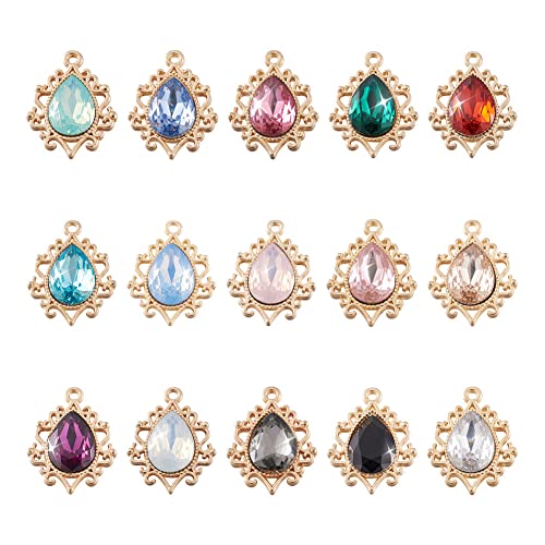 Cheriswelry 30Pcs Teardrop Resin Rhinestone Pendants with Light Gold Alloy Findings Water Drop Faceted Rhinestone Dangle Charms 24.5mm for Women DIY Necklace Earring Bracelet - color: Mixed Color*14