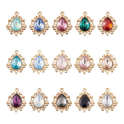 Cheriswelry 30Pcs Teardrop Resin Rhinestone Pendants with Light Gold Alloy Findings Water Drop Faceted Rhinestone Dangle Charms 24.5mm for Women DIY Necklace Earring Bracelet - color: Mixed Color*14
