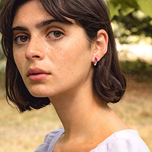 Dremmy Studios Dainty CZ Huggie Hoop Earrings 14K Gold Plated Chunky Simple Cute Thick Round Frill Bead Ball Starburst Cuff Earrings Cubic Zirconia Hoop Earrings Minimalist Personalized Gift for Her - color: A-CZ Rose