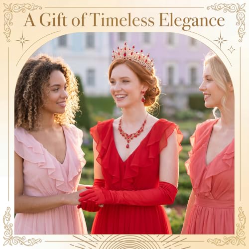 Tondiamo Bridal Jewelry Accessories Set Wedding Crystal Tiaras Crown Teardrop Necklace Earrings Satin Gloves for Women Queen Princess Birthday Prom Pageant Wedding Party - color: Red