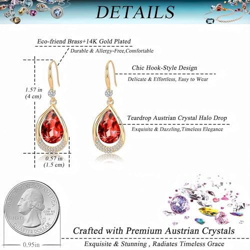 Austrian Crystal Halo Teardrop Hollow Drop Dangle Earrings for Women 14K Rose Gold Plated Hypoallergenic Jewelry Gifts - color: Red