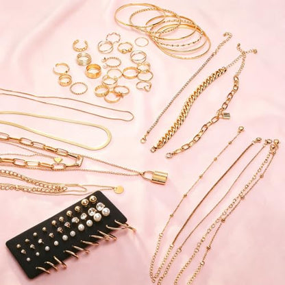 Gold/Silver Jewelry Set for Women Layered Bracelets Ball Dangle Hoop Earrings Stackable Knuckle Rings Set Dainty Adjustable Necklaces Valentine Anniversary Trendy Party Costume Accessories Jewelry - style: Vintage