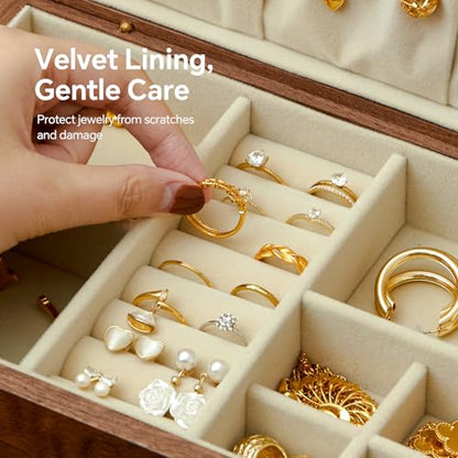 Black Walnut 3 Layer Wooden Jewelry Box Organizer | For Women & Men, Velvet Lining, Earring & Ring Organizer, Large Capacity Drawer Design, For Necklaces & Bracelets - style: 3 layers