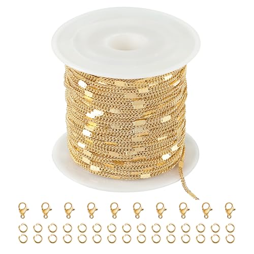 Kyutong 32.8 Feet Stainless Steel Jewelry Making Chains with Accessories | Gold Plated Chain for Jewelry Making Thin Flat Curb Chain Roll for Women DIY Jewelry Crafts - color: Flat Curb Gold